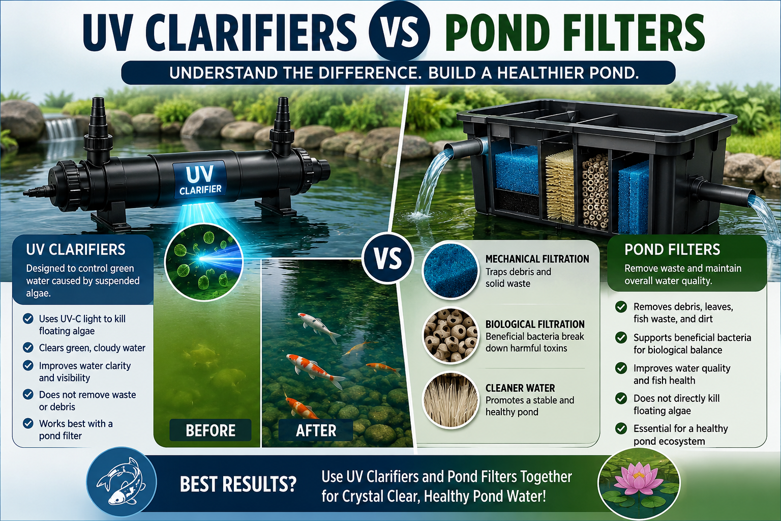 UV Clarifiers vs Pond Filters visual guide explaining algae control, pond filtration, water clarity, and fish health benefits in garden and koi ponds.