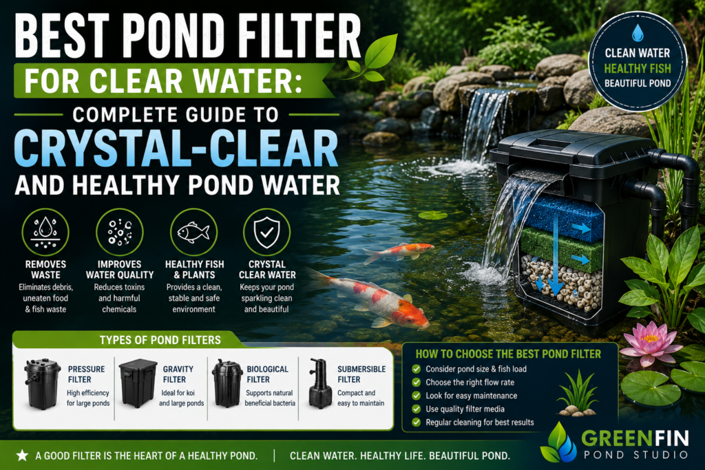 Best Pond Filter for Clear Water infographic showing pond filtration systems, crystal-clear pond water, healthy koi fish, biological filtration media, and expert tips for maintaining a clean and healthy garden pond.