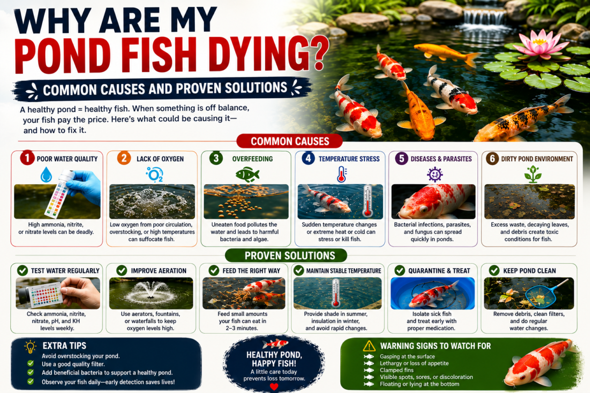 Blog banner titled "Why Are My Pond Fish Dying? Common Causes and Proven Solutions" featuring colorful koi fish swimming in a decorative garden pond with water lilies and a waterfall. The infographic explains common causes of pond fish deaths, including poor water quality, lack of oxygen, overfeeding, temperature stress, diseases and parasites, and dirty pond conditions. It also highlights practical solutions such as regular water testing, improving aeration, proper feeding, maintaining stable temperatures, quarantining sick fish, and keeping the pond clean, along with warning signs of fish stress and extra pond care tips.