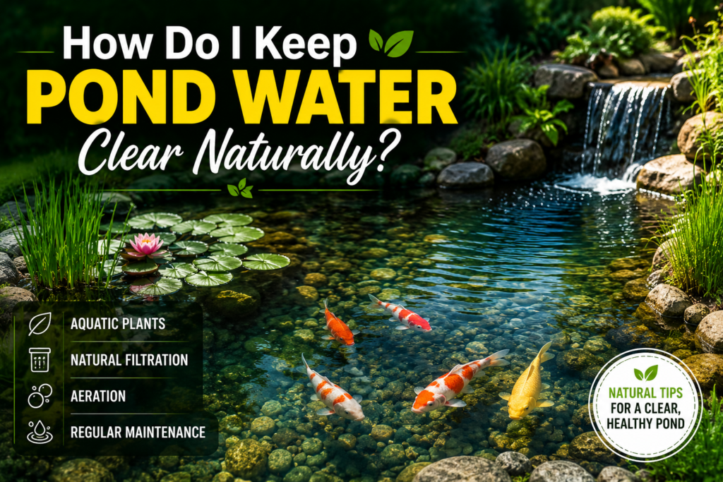 How do I keep pond water clear naturally with aquatic plants, natural filtration, aeration, and regular pond maintenance for healthy koi ponds