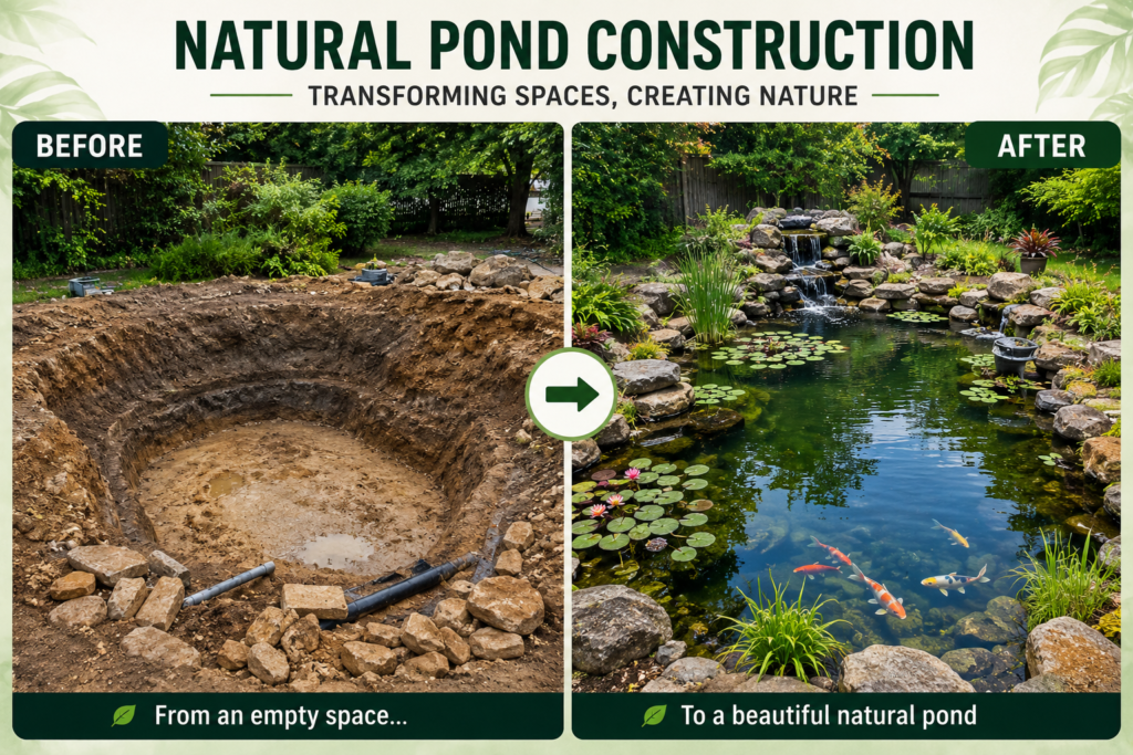 How do you build a pond at home? Before and after image showing the transformation of a backyard excavation into a beautiful natural pond with rocks, aquatic plants, waterfall, and koi fish.