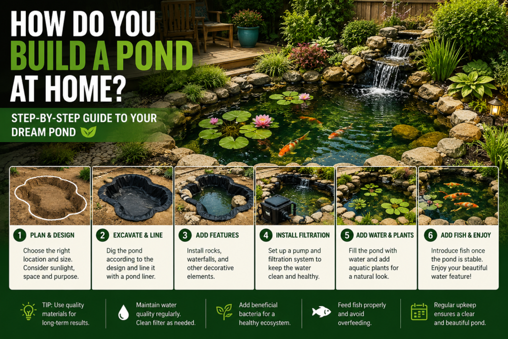 How do you build a pond at home with a step-by-step guide showing excavation, liner installation, filtration, plants, and koi fish