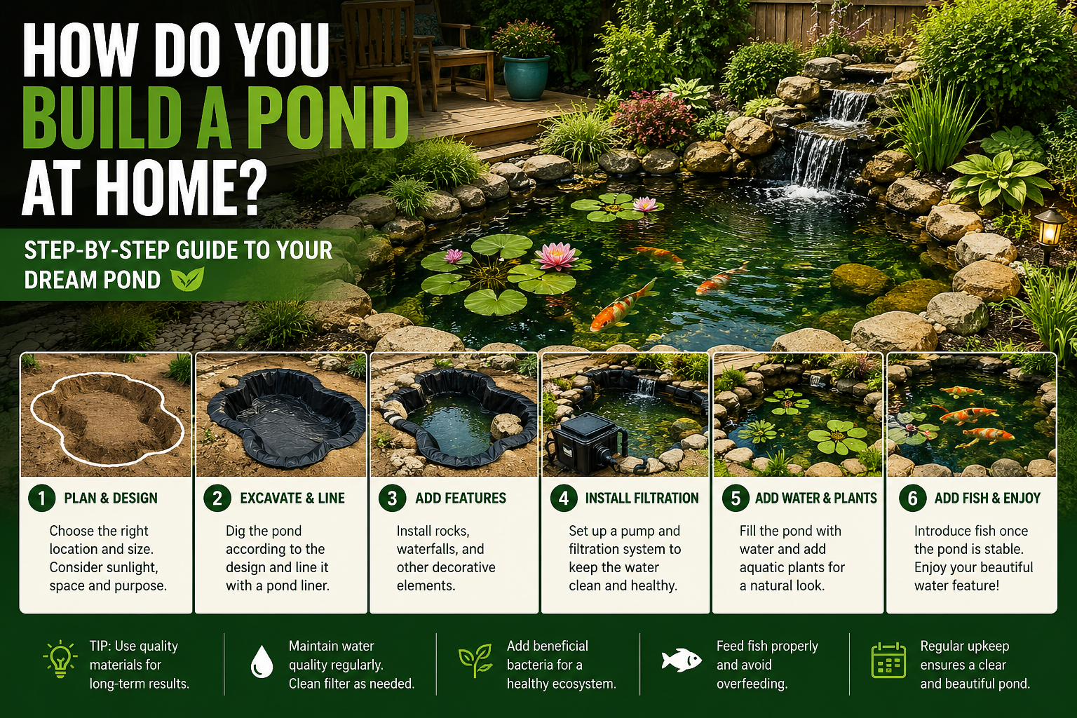 How do you build a pond at home with a step-by-step guide showing excavation, liner installation, filtration, plants, and koi fish
