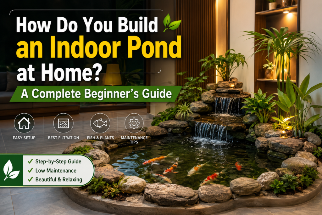 How Do You Build an Indoor Pond at Home? Elegant indoor pond design featuring koi fish, a cascading waterfall, and essential maintenance practices for keeping an indoor pond healthy and beautiful.