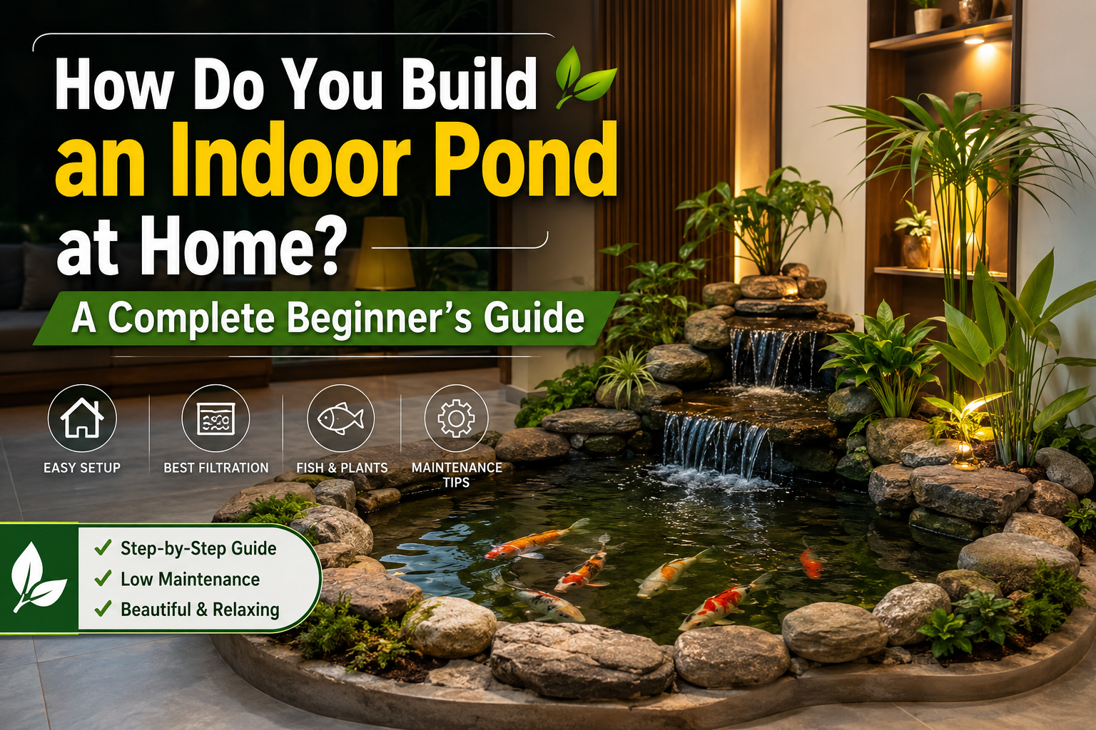 How Do You Build an Indoor Pond at Home? Elegant indoor pond design featuring koi fish, a cascading waterfall, and essential maintenance practices for keeping an indoor pond healthy and beautiful.
