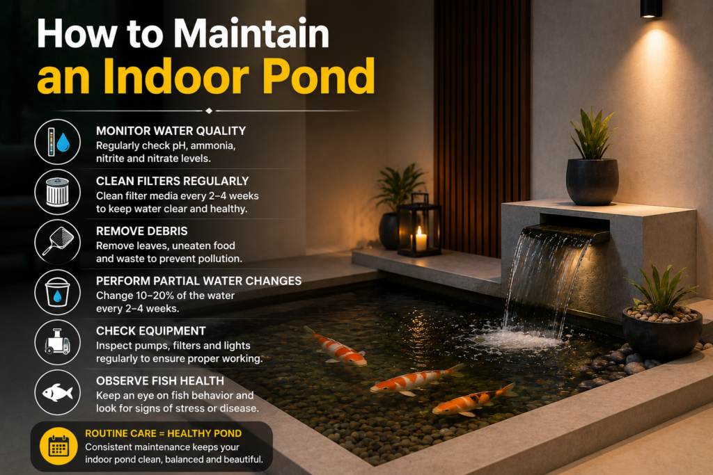 How Do You Build an Indoor Pond at Home? Elegant indoor pond design featuring koi fish, a cascading waterfall, and essential maintenance practices for keeping an indoor pond healthy and beautiful.