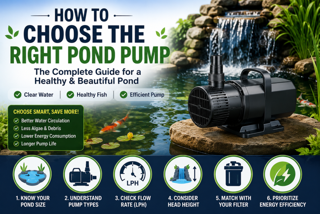 How to Choose the Right Pond Pump infographic showing pond pump types, flow rate, waterfall setup, and key buying factors for a healthy garden pond.