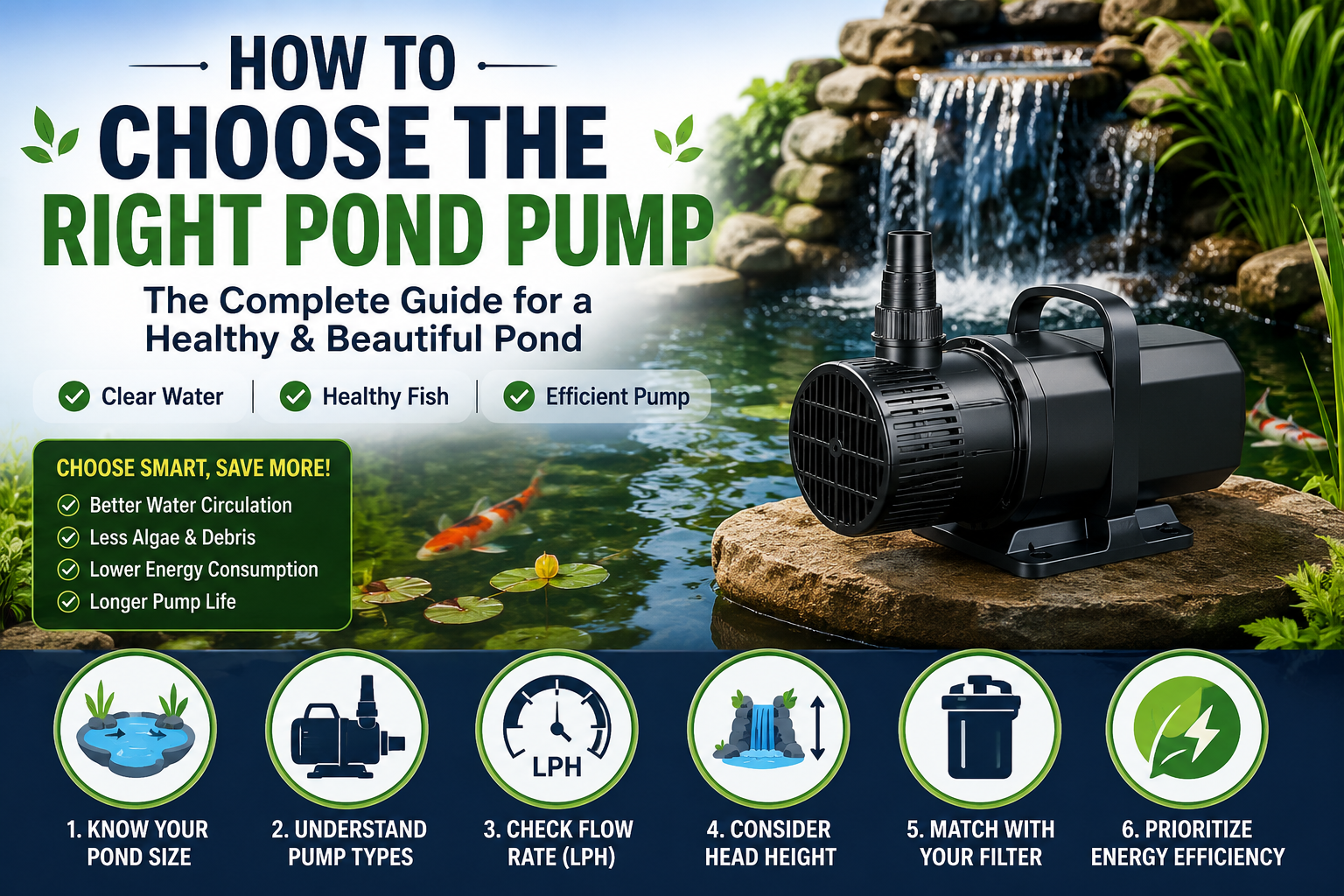 How to Choose the Right Pond Pump infographic showing pond pump types, flow rate, waterfall setup, and key buying factors for a healthy garden pond.