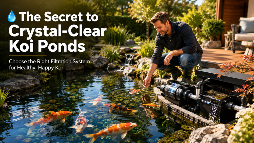 Best filtration system for koi ponds with a pond owner maintaining crystal-clear water and healthy koi fish in a landscaped backyard. 