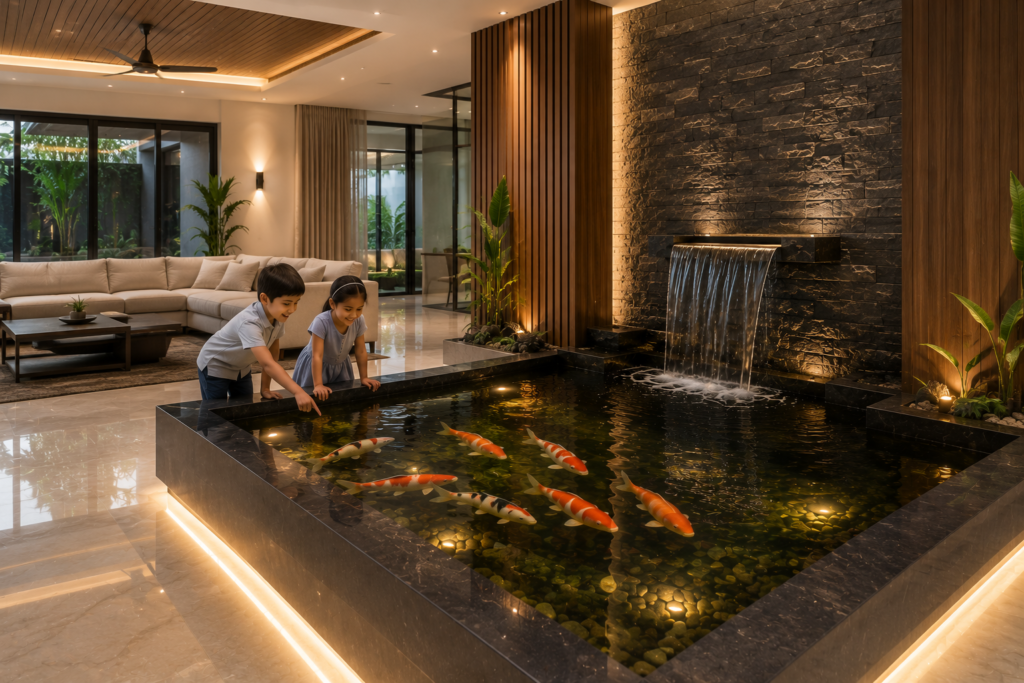 Indoor Pond Design in a contemporary home with a luxury koi pond, black granite edging, waterfall, and family-friendly living space.