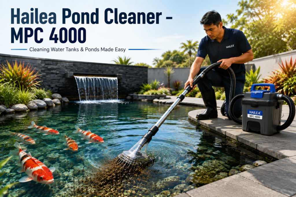 Hailea Pond Cleaner – MPC 4000 Cleaning Water Tanks removing sludge and debris from a crystal-clear koi pond with professional pond maintenance.
