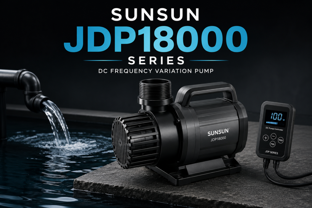 SunSun JDP18000 Series DC Frequency Variation Pump installed in a koi pond filtration system.