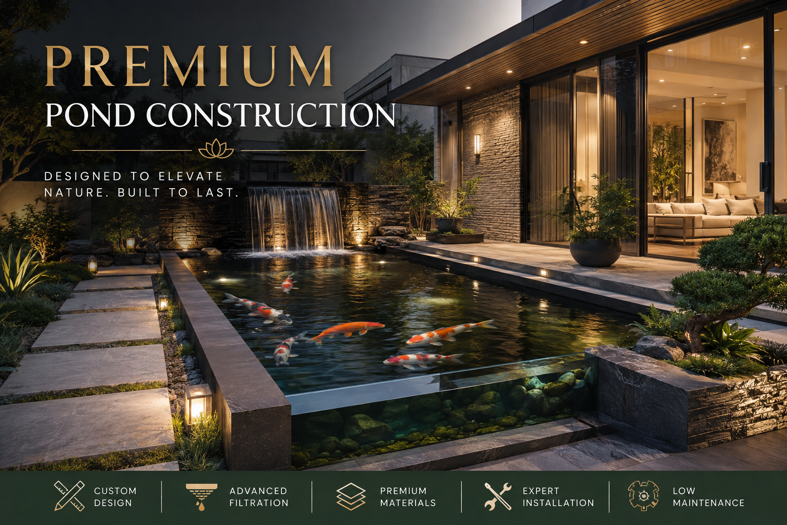 Premium Pond Construction featuring a luxury koi pond beside a modern architectural villa with waterfall and advanced filtration system