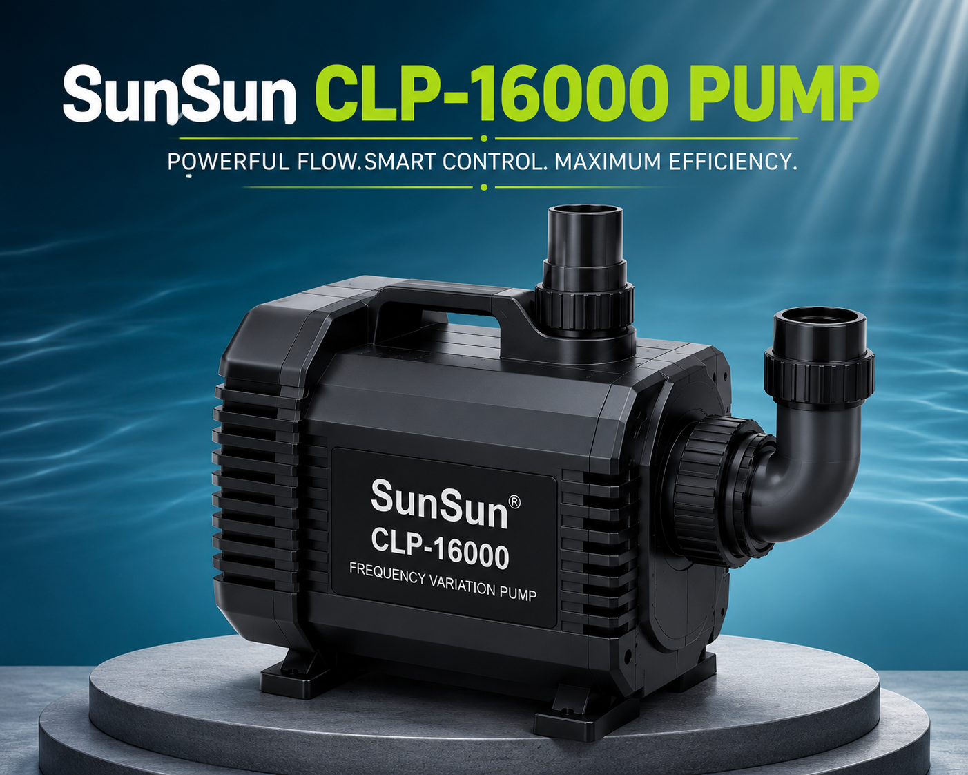 SunSun CLP-16000 Pump installed in a koi pond filtration system powering a waterfall with crystal-clear water.