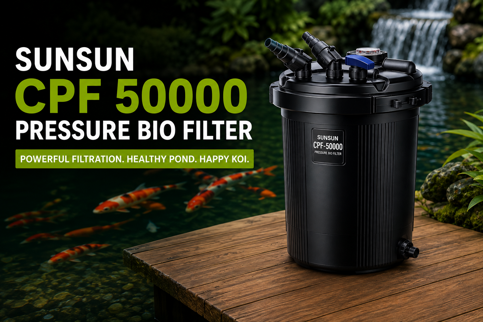 SunSun CPF 50000 Pressure Bio Filter installed beside a koi pond for crystal-clear water