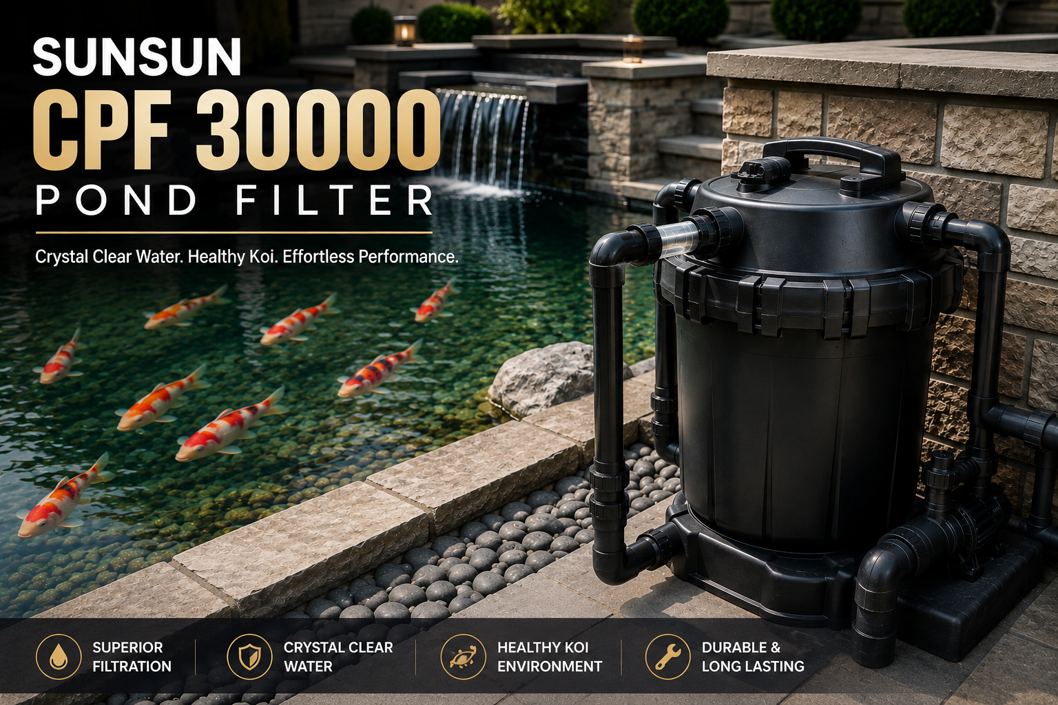 SunSun CPF 30000 pond filter installed beside a modern koi pond with clear water and professional plumbing