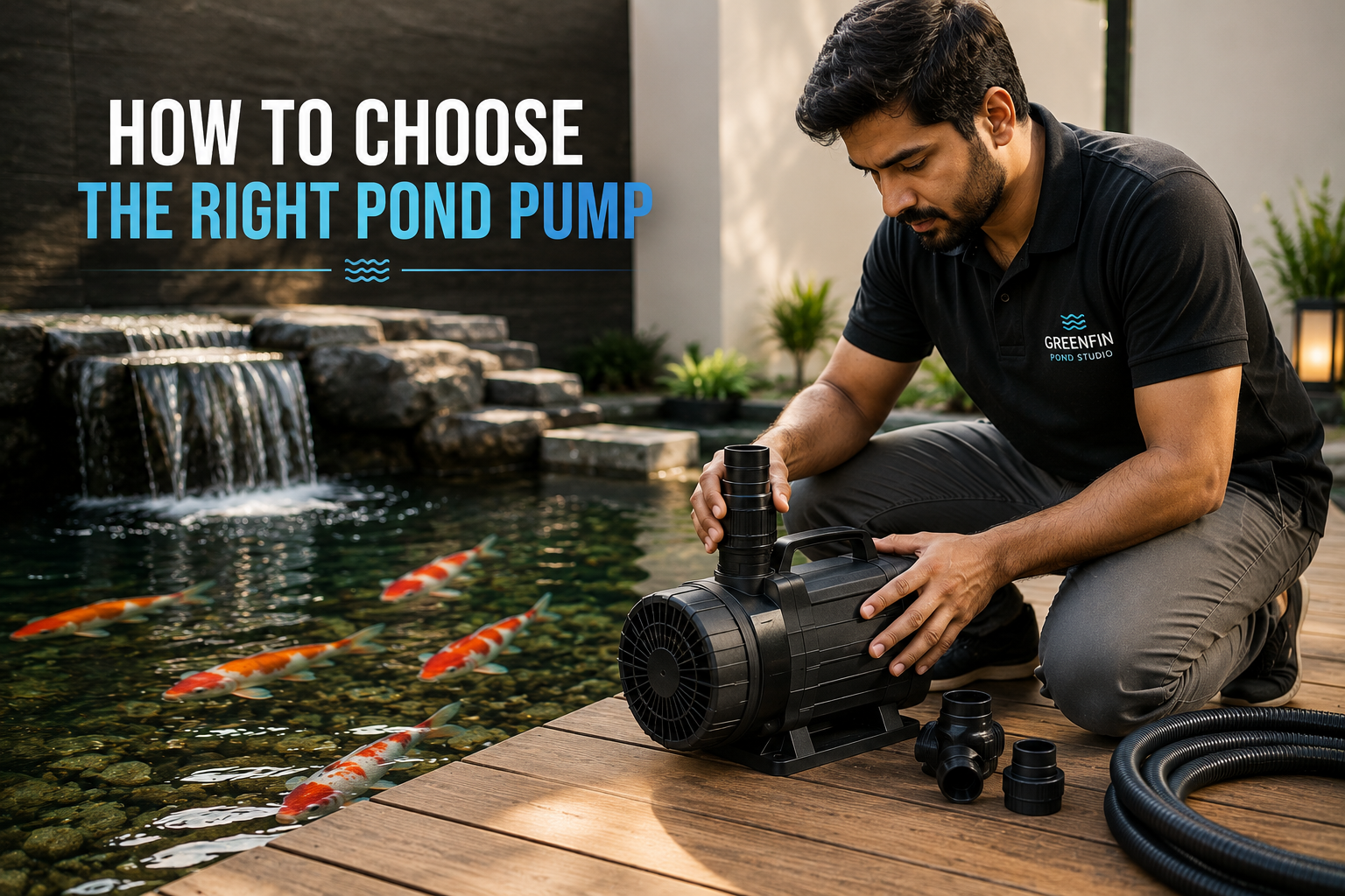 How to Choose a Right Pond Pump – pond expert comparing different pond pump models beside a modern koi pond with clear water, waterfall, and healthy koi fish.
