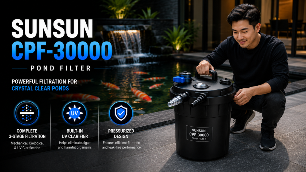 SunSun CPF-30000 Pond Filter showcased beside a modern koi pond with a user demonstrating the filter, highlighting its 3-stage filtration, built-in UV clarifier, and pressurized design for crystal-clear pond water.