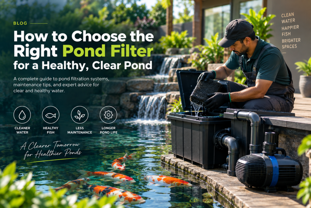 A professional pond technician cleaning a pond filter beside a clear koi pond with a waterfall, koi fish, filtration equipment, and lush landscaping.