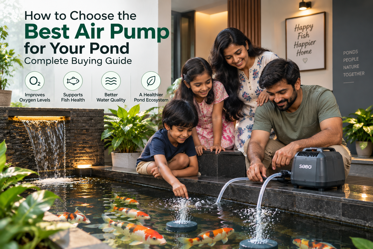 Mother, father, son, and daughter enjoying an indoor koi pond while setting up a SOBO air pump with underwater air diffusers for better pond aeration.