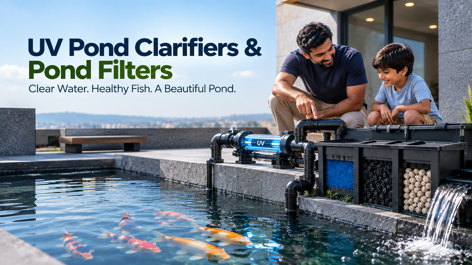 UV Pond Clarifiers & Pond Filters installed beside a clear koi pond with a modern waterfall for cleaner water and healthier fish.