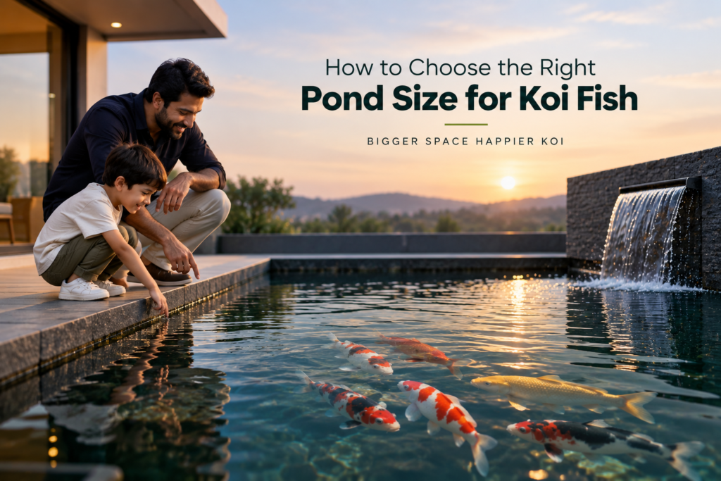 Man and child beside a koi pond with colorful koi fish, waterfall, and modern pond design at sunset
