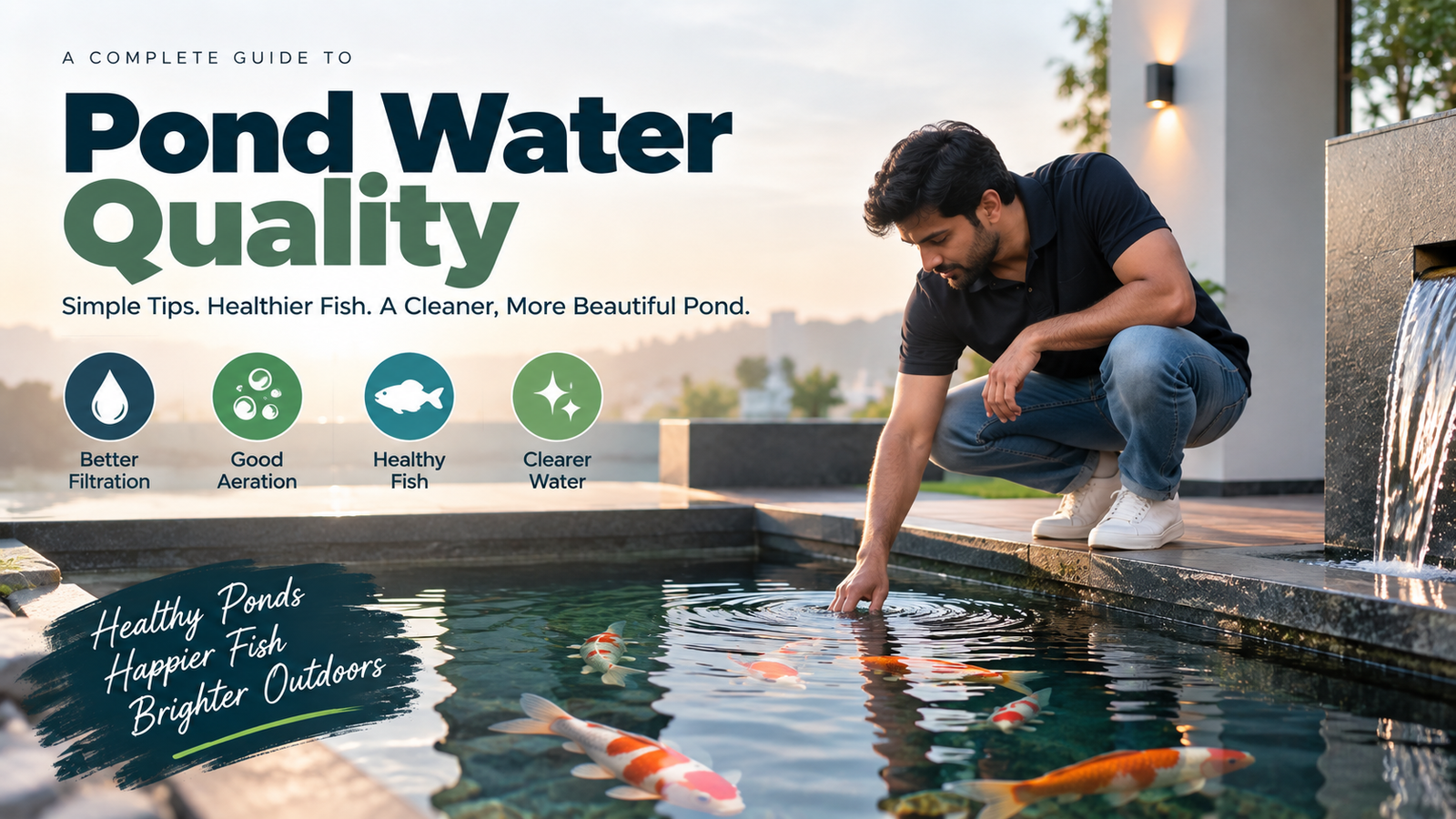 A man checking a koi pond with clear water and a modern waterfall, illustrating pond water quality, filtration, aeration, algae control, and healthy fish.