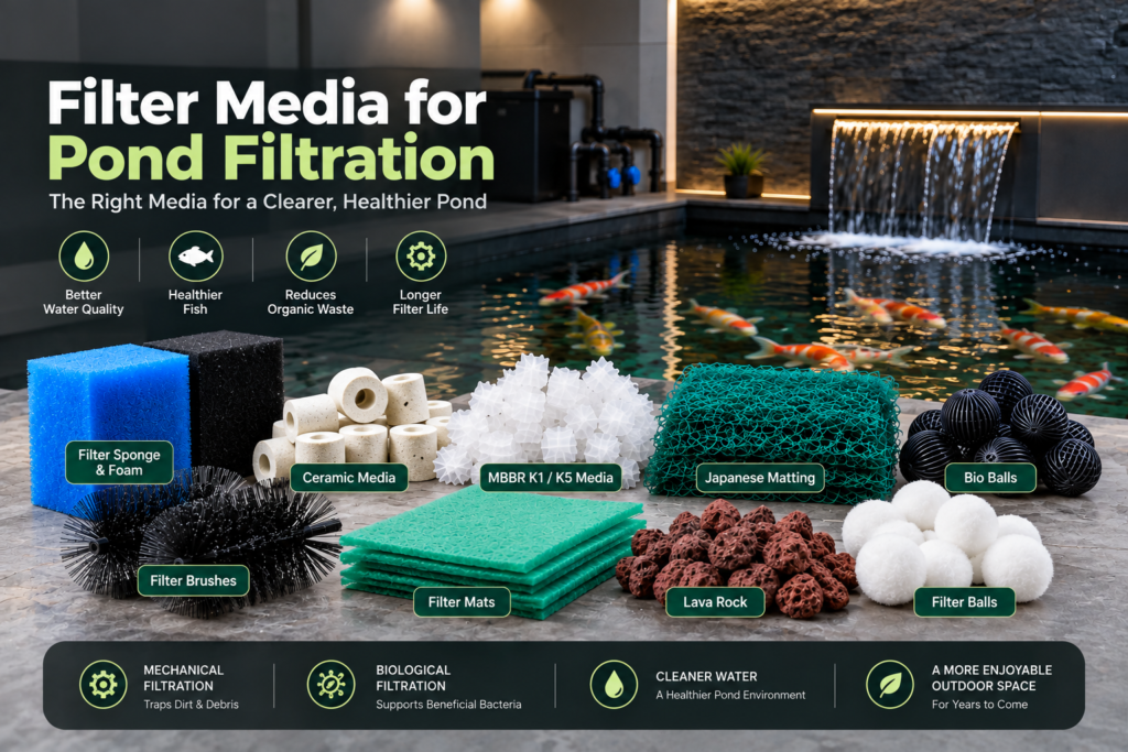 Filter media for pond filtration displayed beside an indoor koi pond, including filter sponge, brushes, ceramic media, MBBR K1/K5 media, Japanese matting, bio balls, filter mats, lava rock, and filter balls.