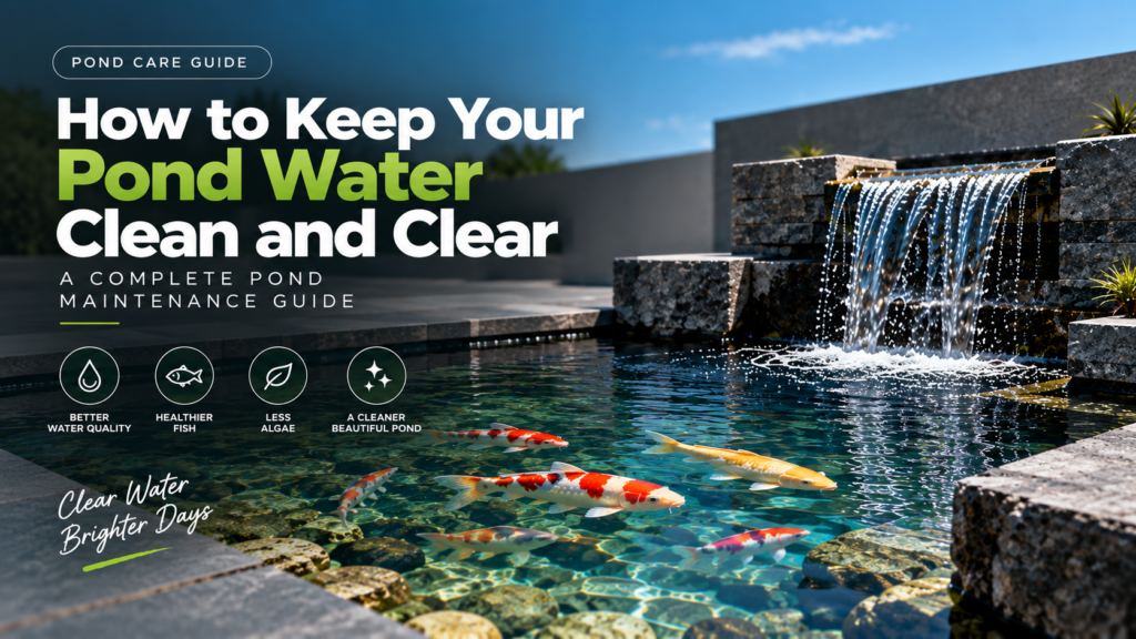 How to keep pond water clean and clear – pond water maintenance guide with koi fish and waterfall.