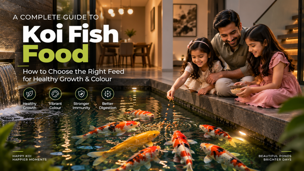 Father and two daughters feeding koi fish in a modern indoor pond, with a waterfall and colourful koi, illustrating healthy koi fish food and family pond care.