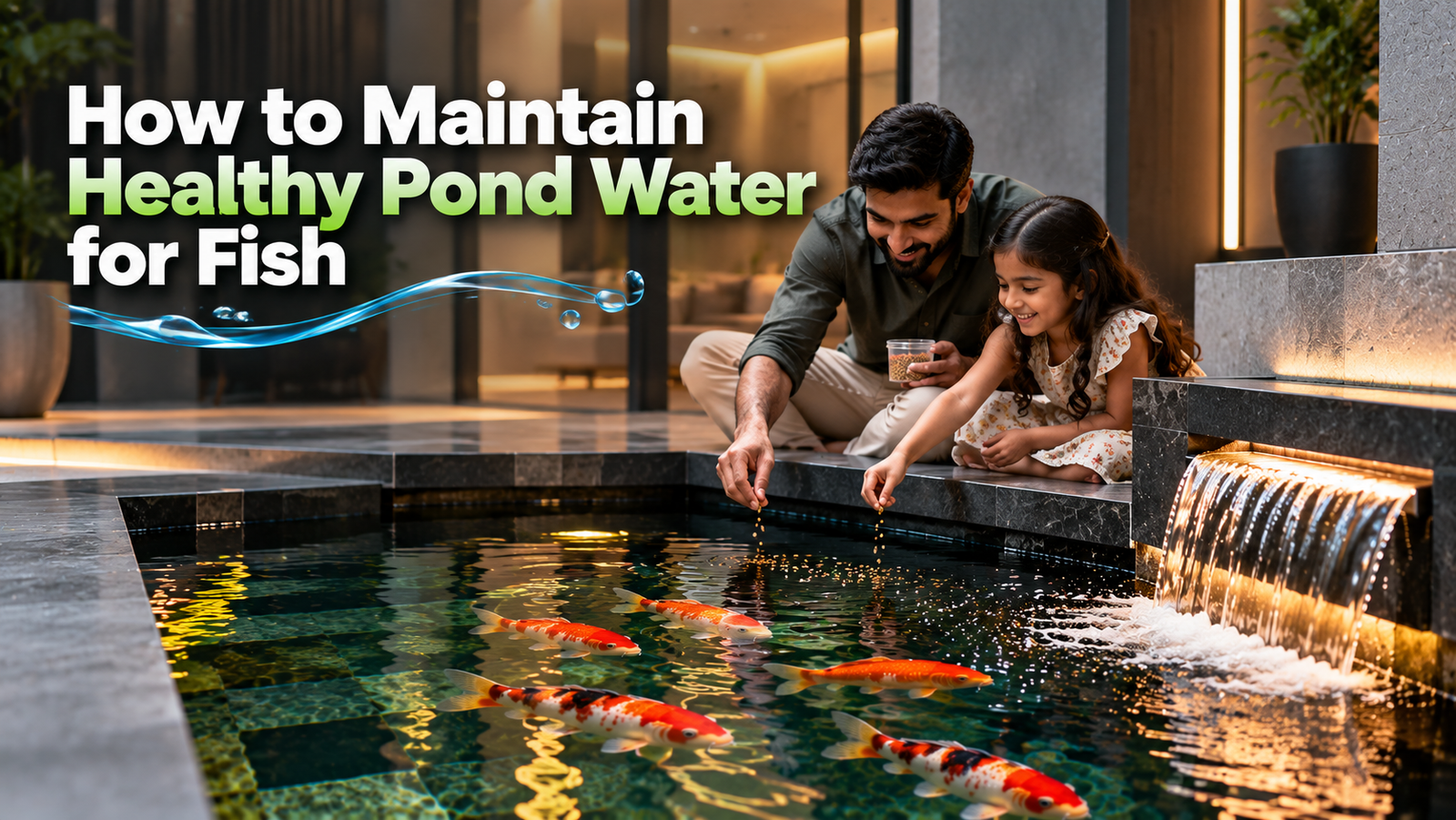 Indoor fish pond with a person checking healthy pond water quality and filtration system for fish