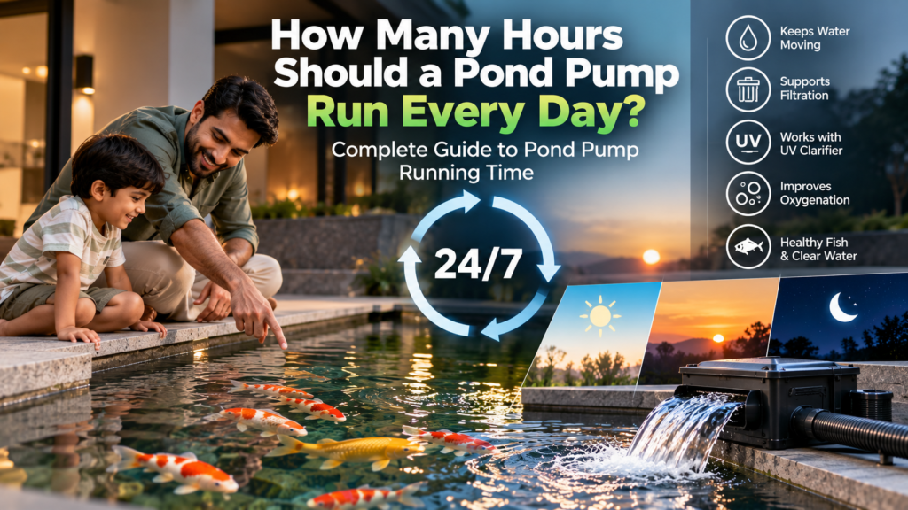 Father and son viewing a koi pond with a pond pump and waterfall, illustrating pond pump running time, 24/7 circulation, filtration, UV clarification, oxygenation, and healthy pond water.