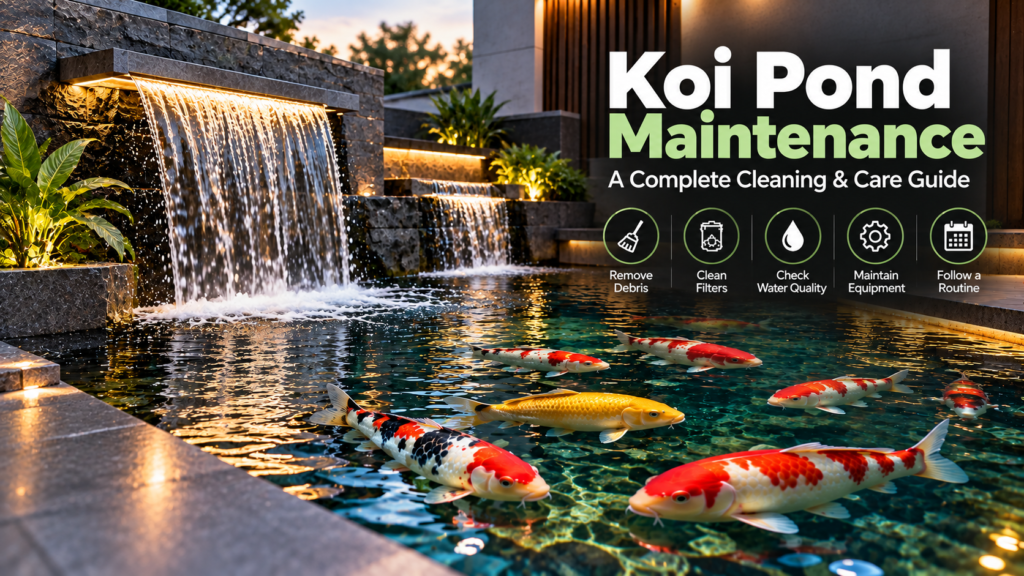 Koi pond maintenance with clear water, healthy koi fish, and a few aquatic plants in a beautiful, well-maintained outdoor pond.