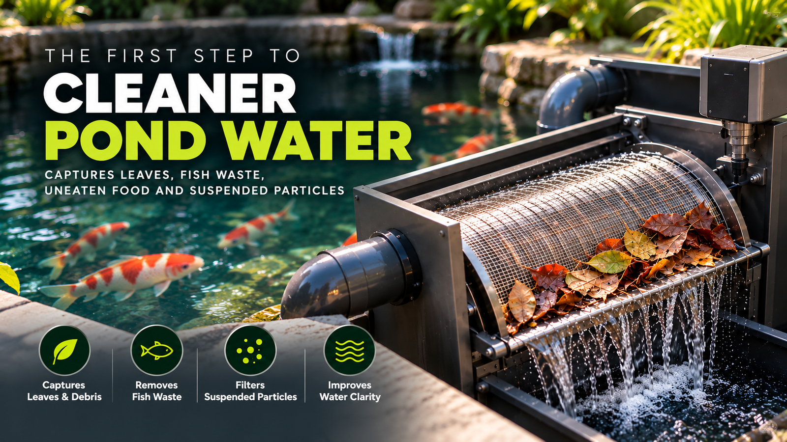 Pond mechanical filtration system for clear and healthy pond water