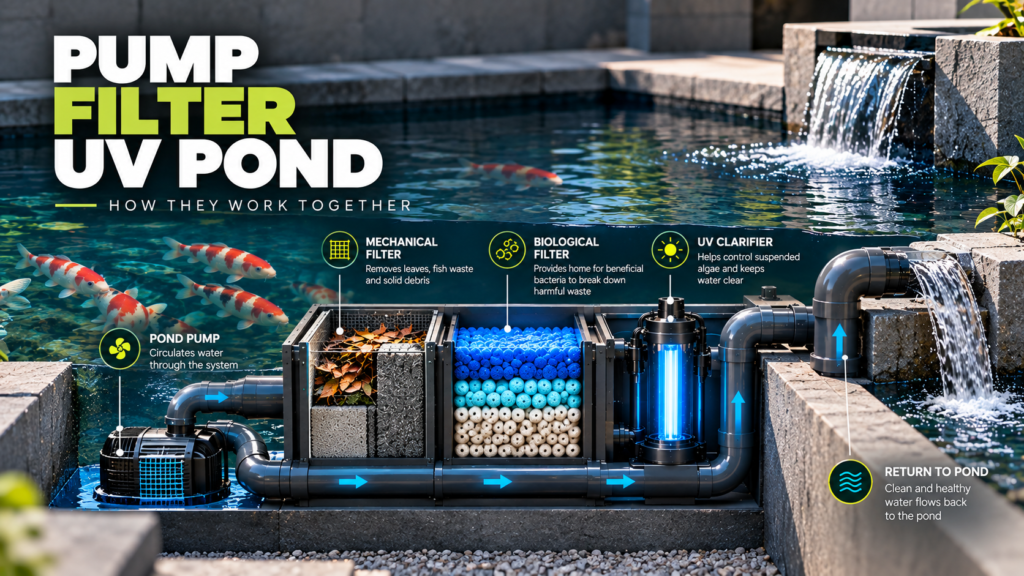 A pump, filter and UV clarifier work together to improve pond water circulation and clarity.