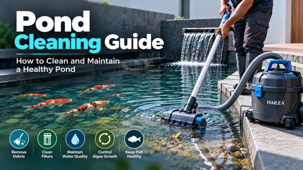 Pond cleaning guide featuring a Hailea pond cleaner removing debris from a clear koi pond, with a waterfall filtration system, koi fish, and pond-cleaning equipment.