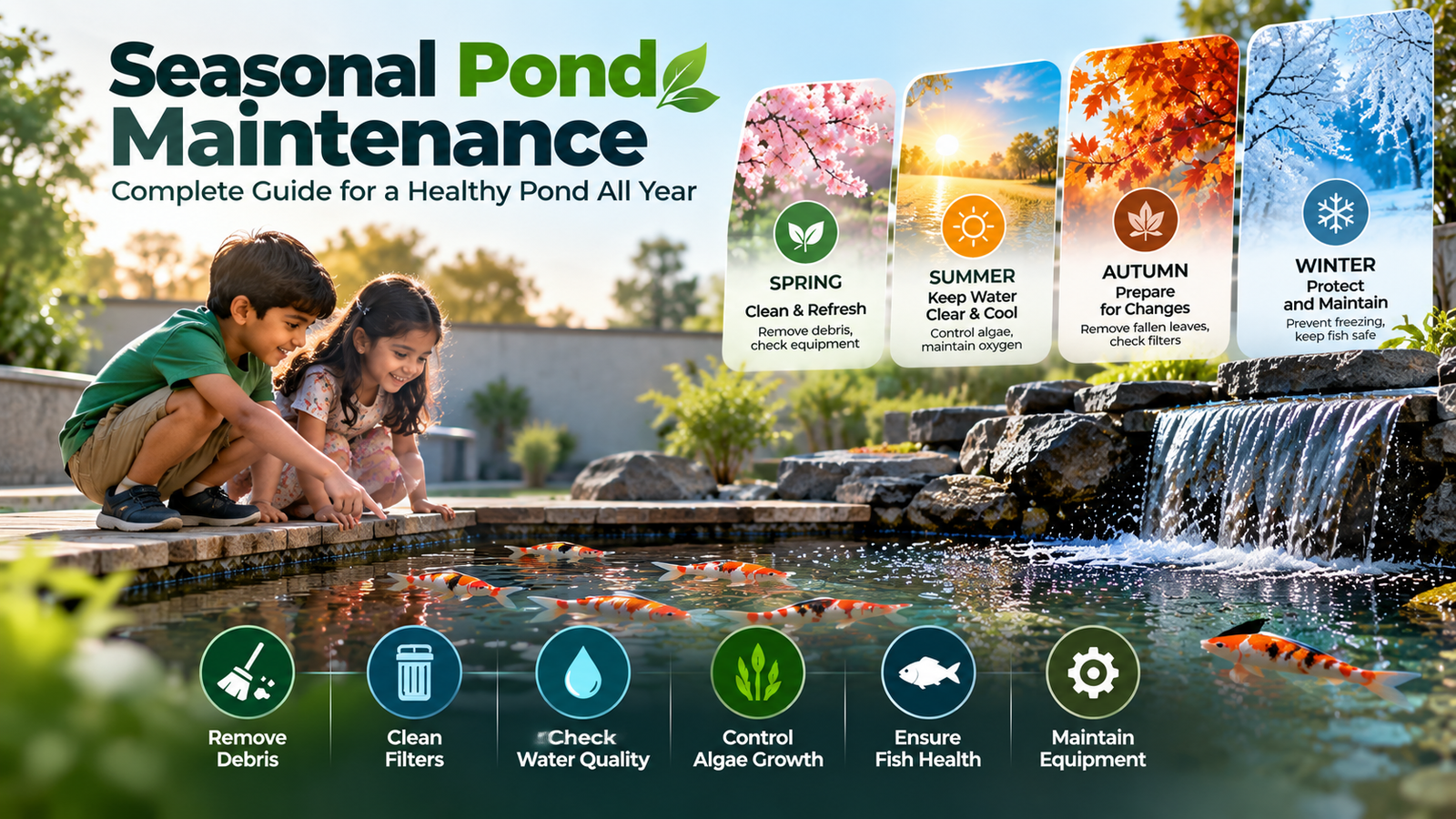 Seasonal pond maintenance guide showing two children enjoying a koi pond, with seasonal pond care tips, waterfall, fish, and pond maintenance equipment.