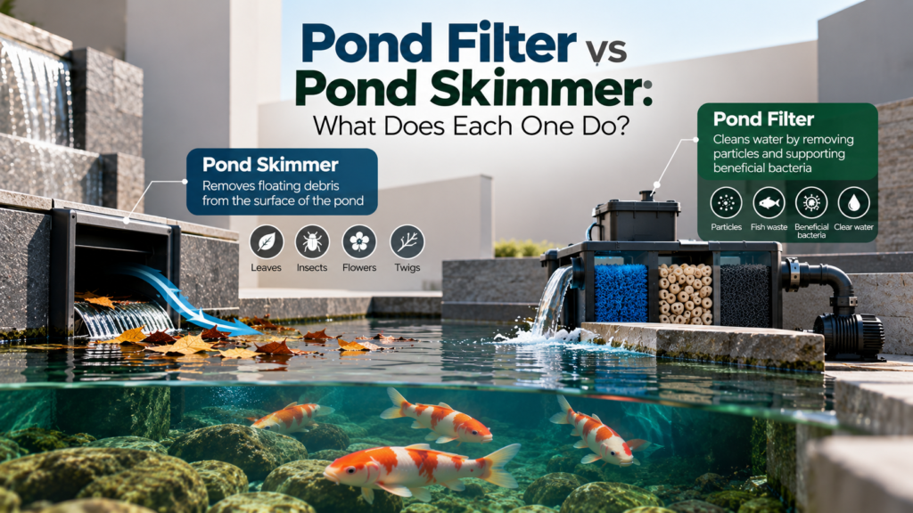 Pond filter vs pond skimmer showing the difference between surface skimming and water filtration