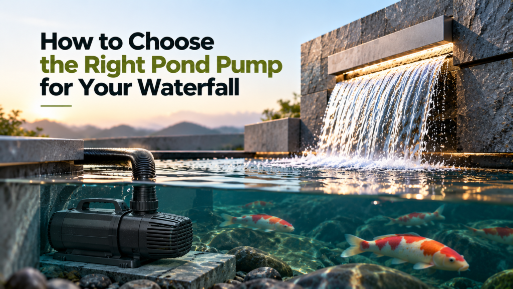 How to Choose the Right Pond Pump for Your Waterfall – luxury koi pond with waterfall and pond pump.