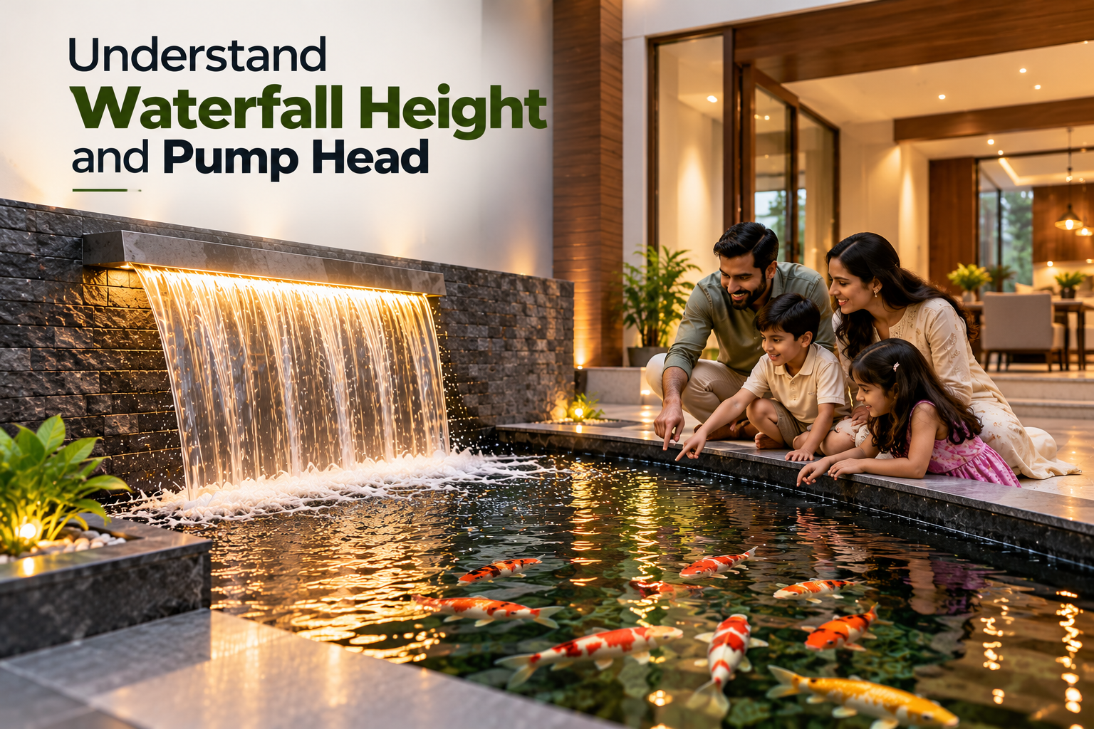 Pond waterfall design with a cascade blade and pond pump installation.