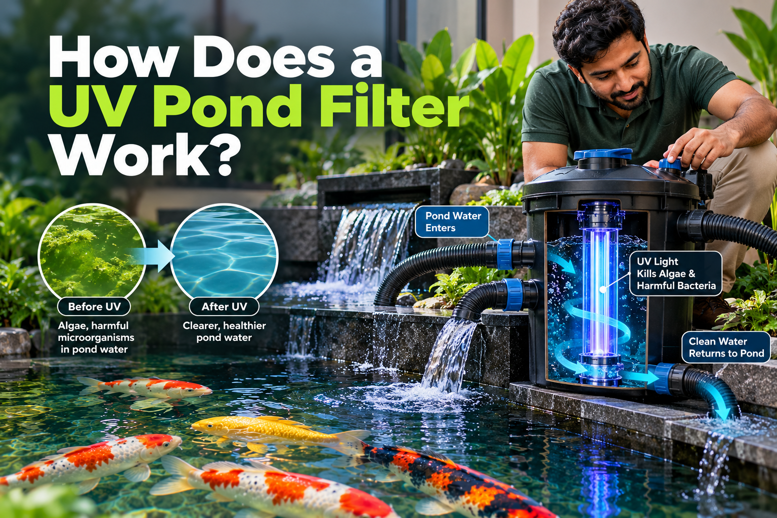 How Does a UV Pond Filter Work? A UV pond filter uses ultraviolet light to control algae and harmful microorganisms, helping keep pond water clear and healthy.