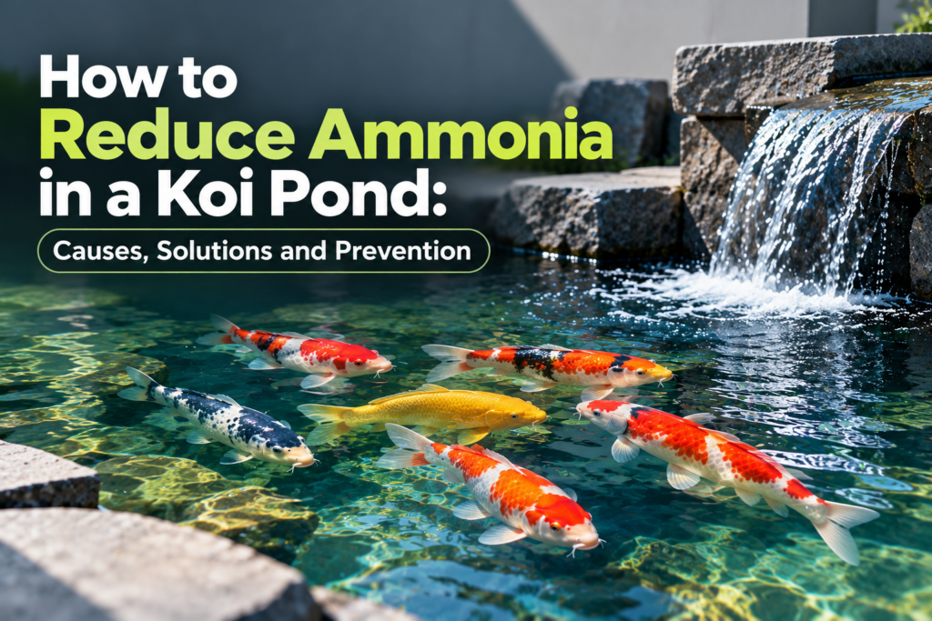How to Reduce Ammonia in a Koi Pond: causes, solutions, and prevention with koi fish, a stone waterfall, and clear pond water.
