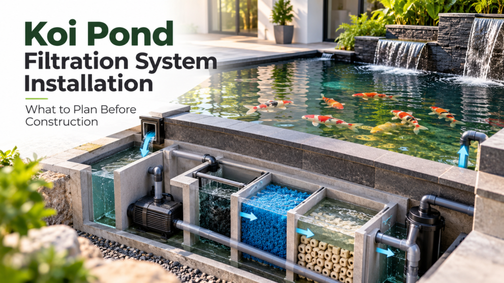 Koi pond filtration system installation with pumps, plumbing and filter chamber
Copy alt text