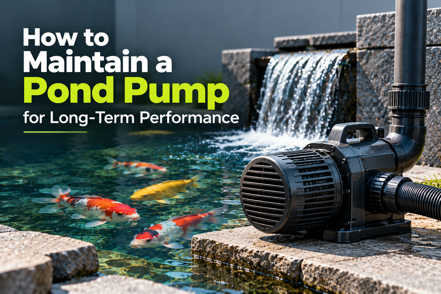 How to Maintain a Pond Pump for Long-Term Performance, featuring a pond pump beside a clear koi pond with colorful koi fish and a stone waterfall.