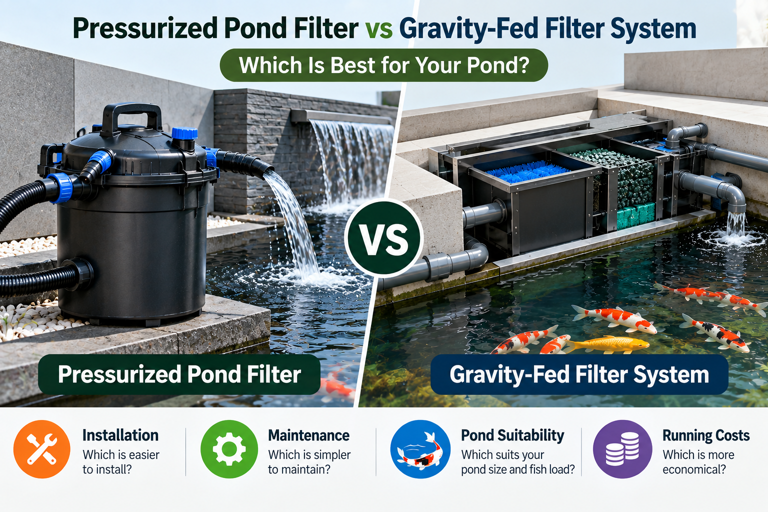 Pressurized pond filter vs gravity-fed filter system for koi pond filtration