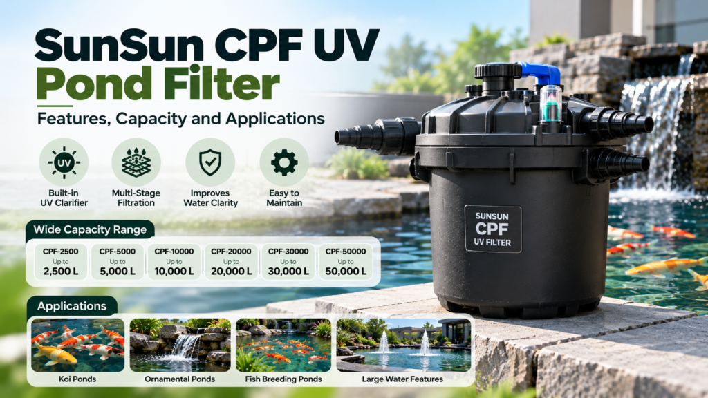 SunSun CPF UV pond filter for mechanical filtration, biological filtration and green water control in outdoor ponds