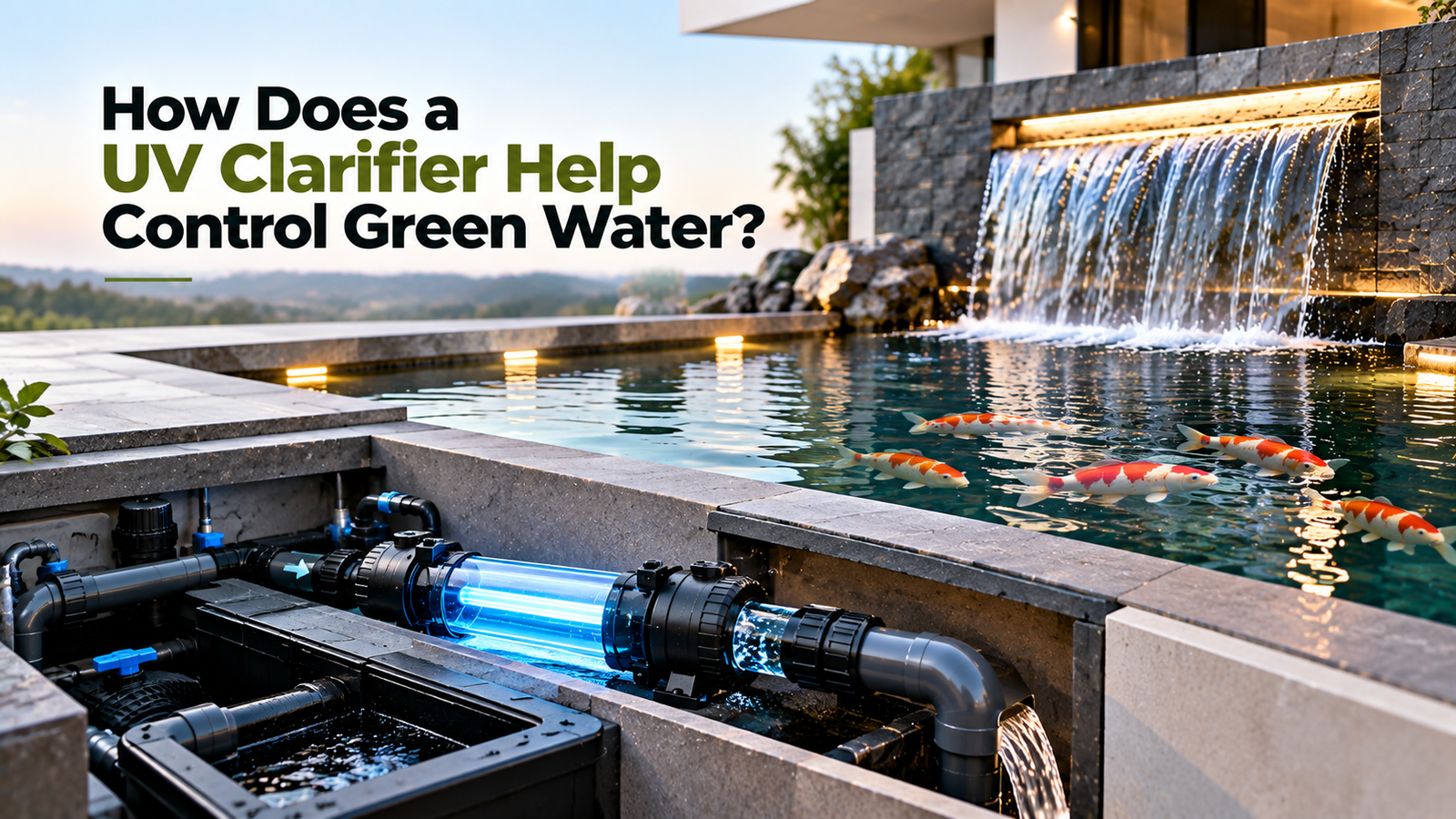 How a UV Clarifier Helps Control Green Water – luxury koi pond with UV clarifier filtration system, clear water, koi fish, and waterfall.