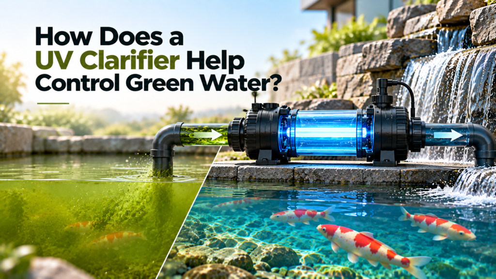 How Does a UV Clarifier Help Control Green Water? Luxury koi pond with a UV clarifier filtration system, clear water, koi fish, and waterfall.